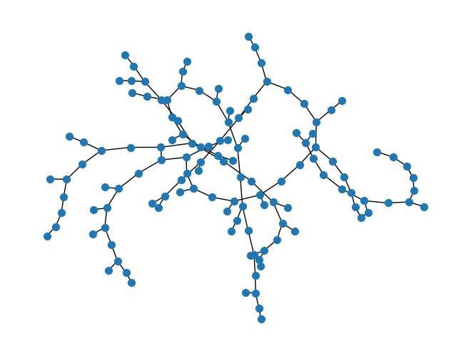 A plot showing the graph of the network MVFeeder210 with no geometries using networkx